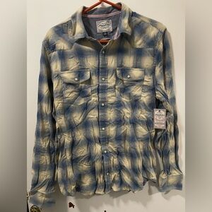 Flag & Anthem Mens Western Shirt Plaid Snap Button Up Size Medium Light Tan Blue